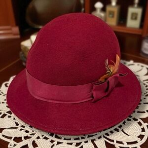 Vintage Lancaster Wool Bowler Derby Hat Burgundy Wine Red Bow Feather Accent